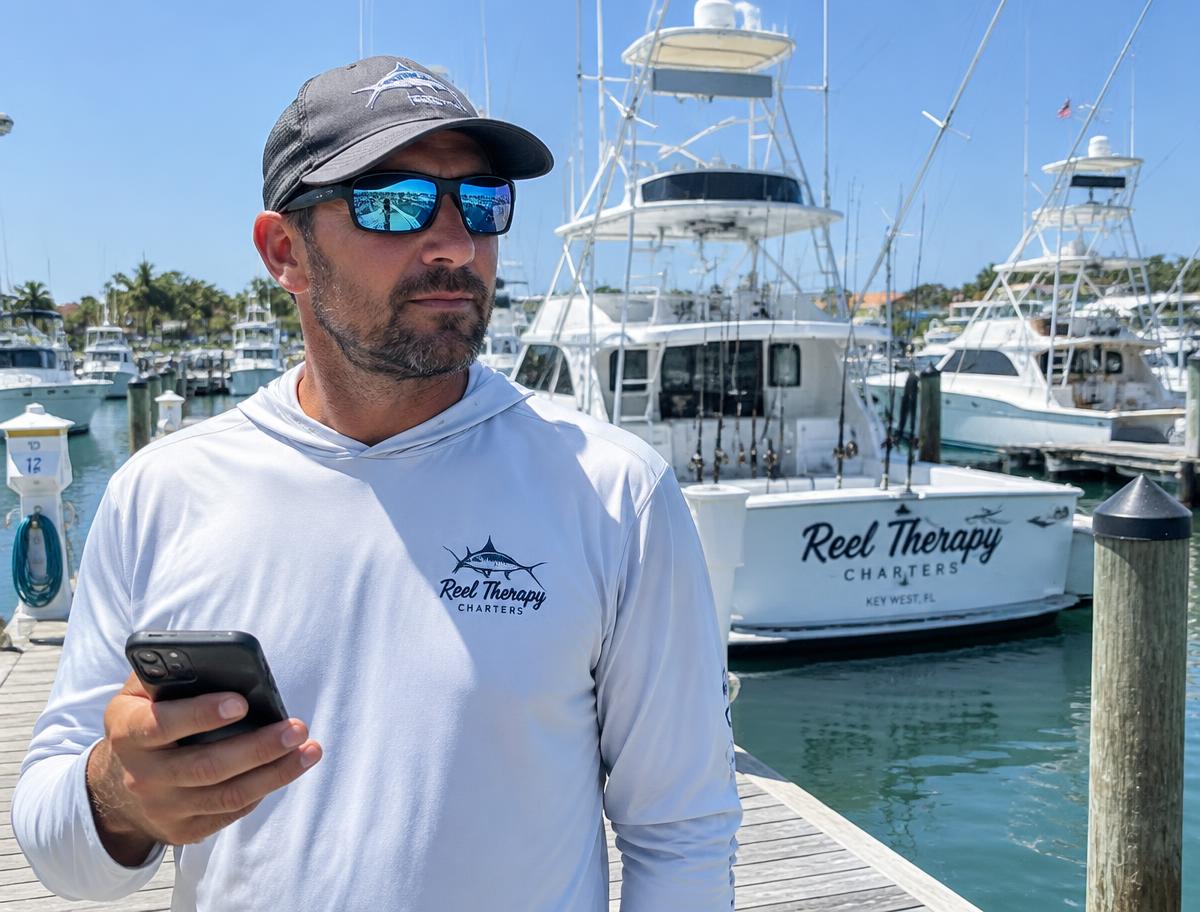 Charter captain on the dock with his phone